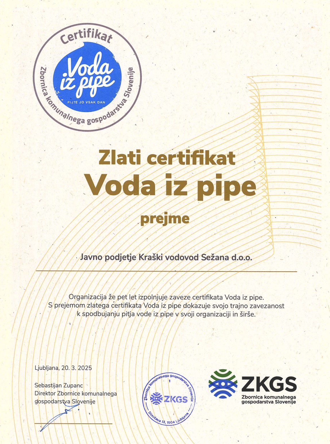 Zlati certifikat Voda iz pipe